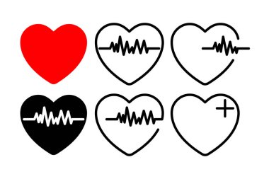 Kalp simgeleri. Vektör seti, farklı şekillerde kardiyogram kalp logosu. kalp atışı ayarlandı.