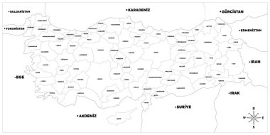 Türkiye 'nin vektör haritası şehir isimleriyle tek renkli çevre haritası