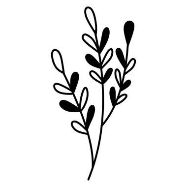 Yapraklı bir dalın minimalist siyah-beyaz çizimi, zarif botanik elementler ve doğal güzellikler sergiliyor. Tasarım, sanat ve dekorasyon için mükemmel..