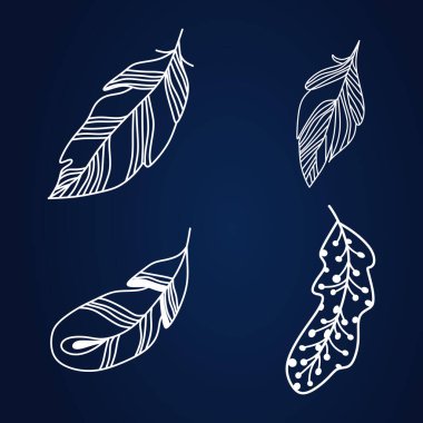 Koyu mavi arka planda el çizimi tüylerinin zarif bir temsili. Tasarım projeleri, kırtasiye ve dekorasyonlar için mükemmel..