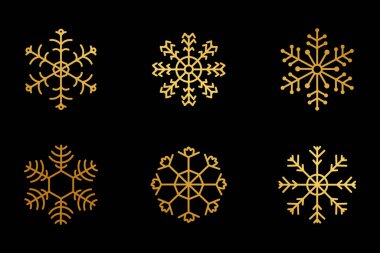 Siyah arka planda zarif altın kar taneleri. Tatil, Noel ve kış temalı tasarımlar ve dekorasyonlar için mükemmel..