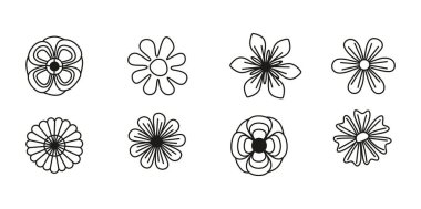Bir vektör çizimi olarak sunulan sekiz eşsiz el karalama çiçek ikonu seti. Yaratıcı projeler ve tasarımlar için mükemmel.