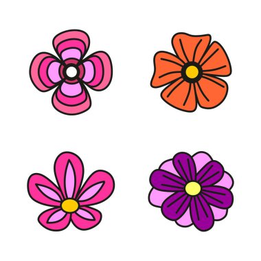 Renkli, el yapımı, karalama tarzında çiçekler. Bahar, yaz ya da çiçek temalı tasarım ve çizimler için mükemmel..