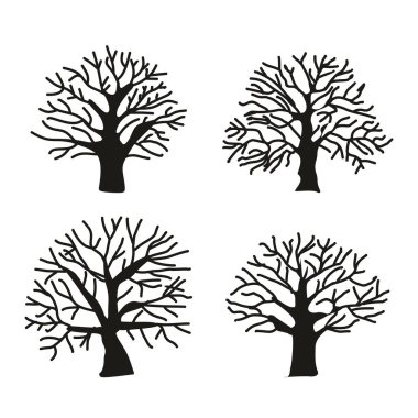 Çıplak ağaçların siyah siluetlerinin vektör çizimi. Doğa, çevre ve mevsimlik projeler için mükemmel.