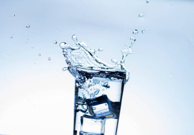 The image of pouring drinking water, into a glass, that makes one feel refreshed on blurred white background, Splashing water, Sparkling water