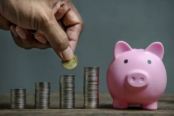 Save money and account banking for finance concept, Hand with Piggy bank with coin on blurred background, Save Monney for Investors Using Internet to Trade Stocks or Trade Fund