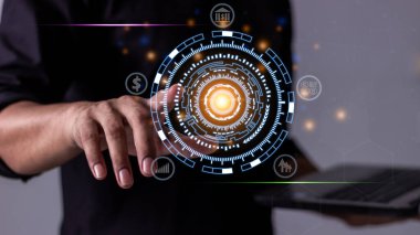 İnsan eli değme teknolojisi çemberi, finans çevrimiçi, internet bankacılığı, mali işlemler ve online yatırım kavramı