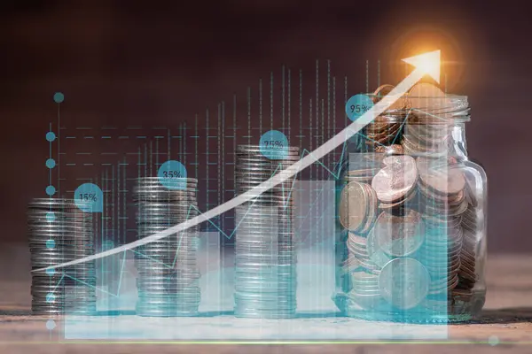 stock image Stack of coin with graph finance, Value of money and investment for success and wealth analysis with rising graph financial