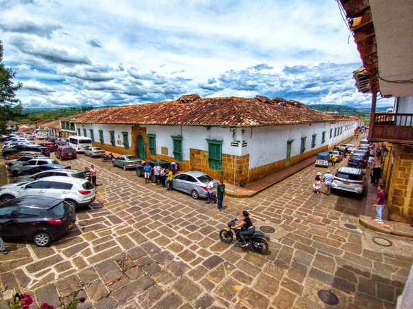Rua Barichara Santander Colômbia Estrada Paralelepípedos Com Casas Coloniais Tradicionais — Fotografia de Stock