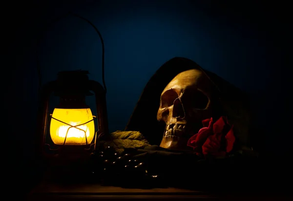 Vida Morta Com Crânio Lanterna Rosa Uva — Fotografia de Stock