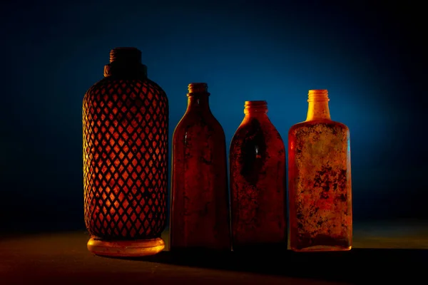 Vintage Flaschen Auf Blauem Grund — Stockfoto