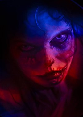 A possessed woman with a bloody face illuminated with a red and blue light clipart