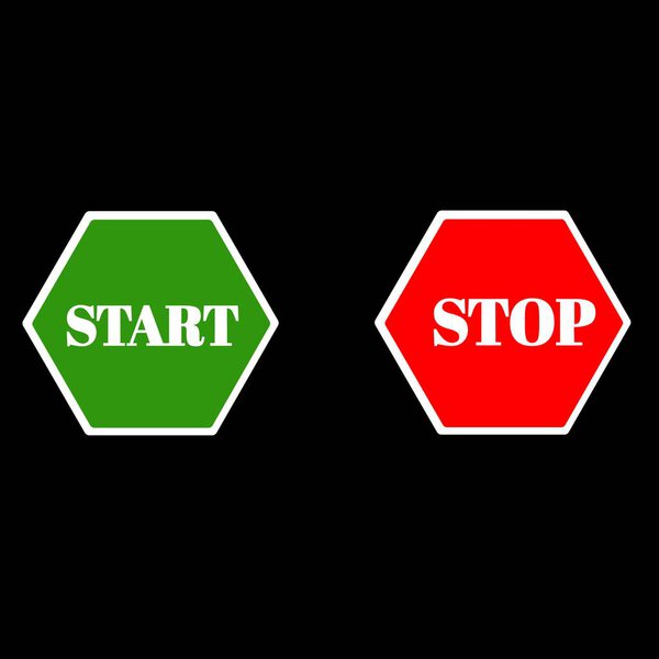 Start and stop. Green and red road sign words Start and stop isolated on black