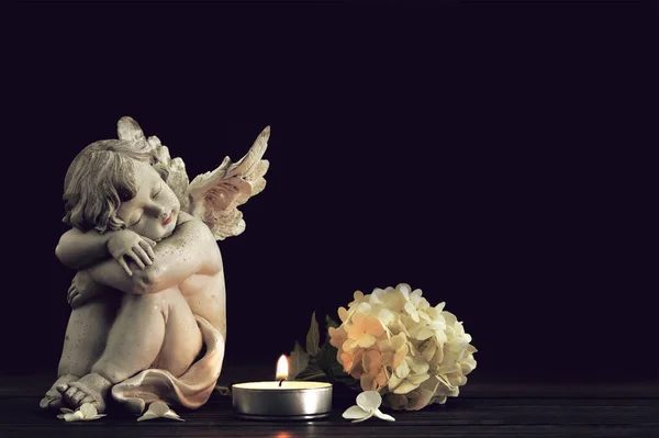 Angel, funeral flower and candle on black background with copy space