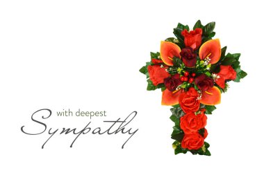 Beyaz arka planda çiçek haçı olan taziye kartı veya taziye kartı