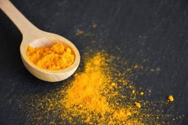 Turmeric powder in the wooden spoon on black slate, close up clipart