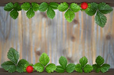 Çilek yaprakları ve böğürtlenler ahşap arka planda