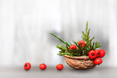 Gri arkaplanda yeşil dallar ve kızılcık böğürtlenlerinin bileşimi