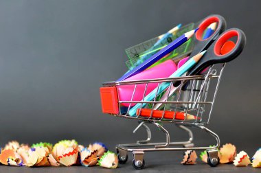 Okula dönüş: Alışveriş arabasındaki okul malzemeleri