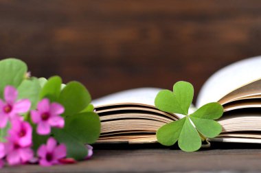 Anneler Günü çiçekleri kalp şeklinde yaprak ve açık kitap