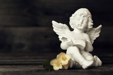 Koruyucu melek tahta arka planda kitap ve bahar çiçekleri okuyor.