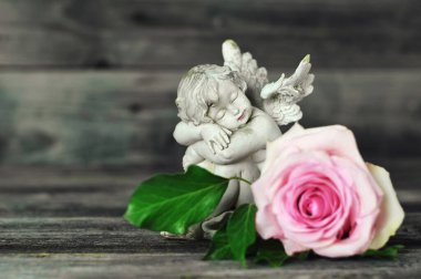 Melek ve gül eski ahşap arka planda   