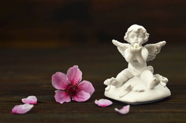 Melek heykelciği ve bahar çiçeği koyu arkaplanda