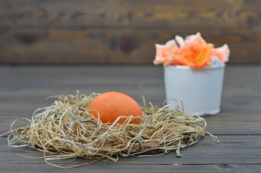 Paskalya 'da bir buket portakal çiçeği kovada ve yumurta yuvada