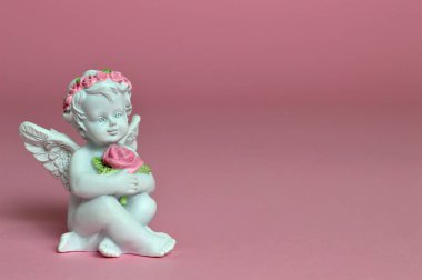 Koruyucu melek pembe arka planda çiçekleri tutuyor.