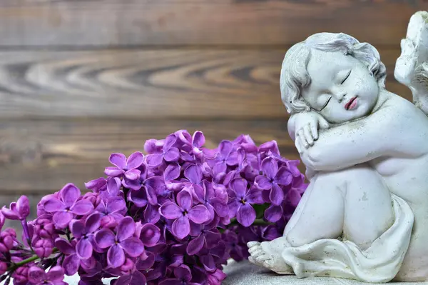 Koruyucu melek uyuyor ve leylak çiçekleri 