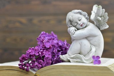 Koruyucu meleğe başsağlığı kartı ve eski kitapta bahar çiçekleri.