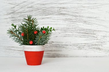 Beyaz grunge arka planında kil çömlekte Noel düzenlemesi