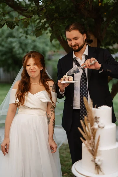 newlyweds happily cut, laugh and taste the wedding cake