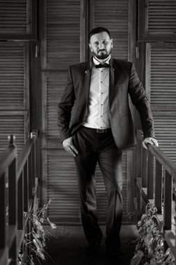 portrait of a groom with a beard in a blue suit and bow tie