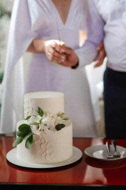 newlyweds happily cut, laugh and taste the wedding cake