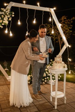 newlyweds happily cut, laugh and taste the wedding cake