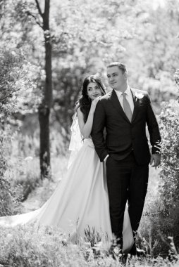 the groom and the bride are walking in the forest on a bright day