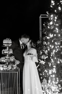 newlyweds happily cut, laugh and taste the wedding cake
