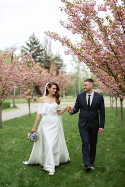 newlyweds walk in the park on the grass among cherry blossoms