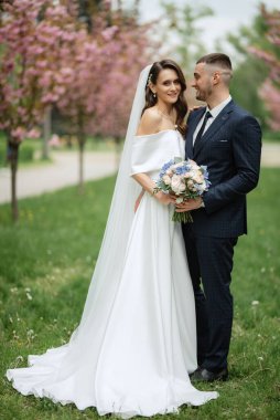 newlyweds walk in the park on the grass among cherry blossoms