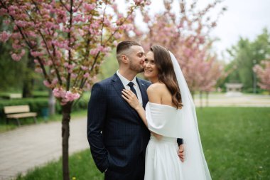 newlyweds walk in the park on the grass among cherry blossoms