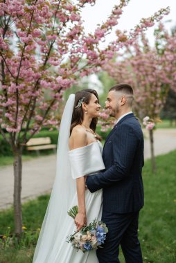 newlyweds walk in the park on the grass among cherry blossoms