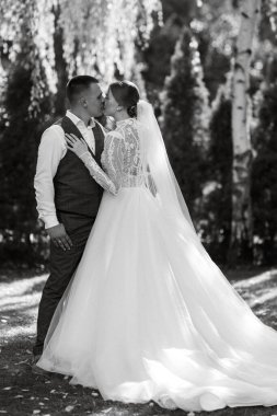 young couple the groom in a plaid suit and the bride in a chic white dress in nature