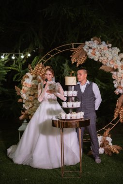 newlyweds happily cut, laugh and taste the wedding cake