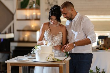newlyweds happily cut, laugh and taste the wedding cake