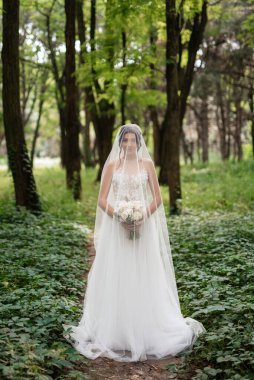 portrait of an elegant bride girl on a path in a deciduous forest