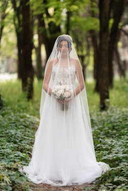 portrait of an elegant bride girl on a path in a deciduous forest