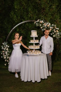 newlyweds happily cut, laugh and taste the wedding cake