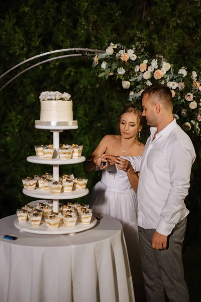 Newlyweds Happily Cut Laugh Taste Wedding Cake — Foto de Stock