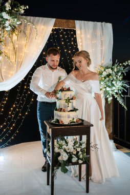 newlyweds happily cut, laugh and taste the wedding cake